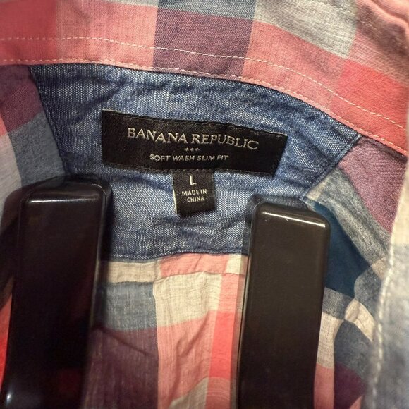 Banana Republic Men's Button Down Navy/Pink Plaid Slim Fit - Size L - Picture 3 of 6